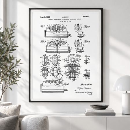 Framed Alfred Büchi 1933 exhaust turbo blower patent technical drawing in a bright modern minimalist interior