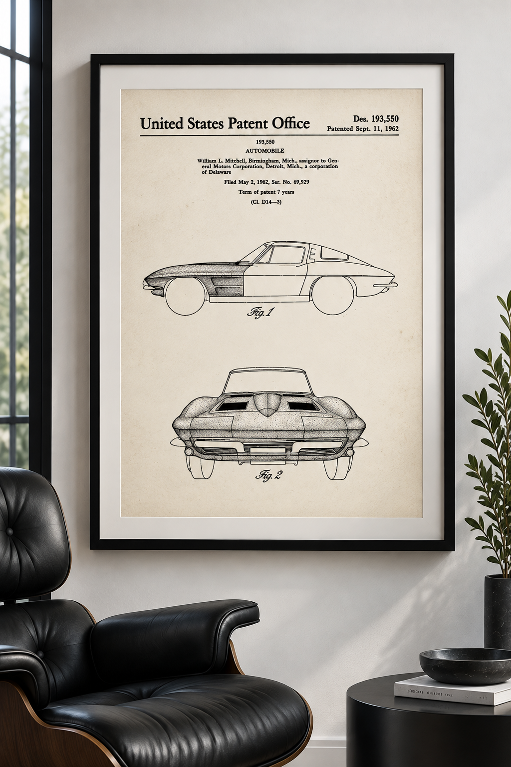 1962 Chevrolet Corvette Sting Ray Patent Art Print Framed 1962 Chevrolet Corvette Sting Ray automobile design patent D193550 with vintage technical drawings displayed in a contemporary interior