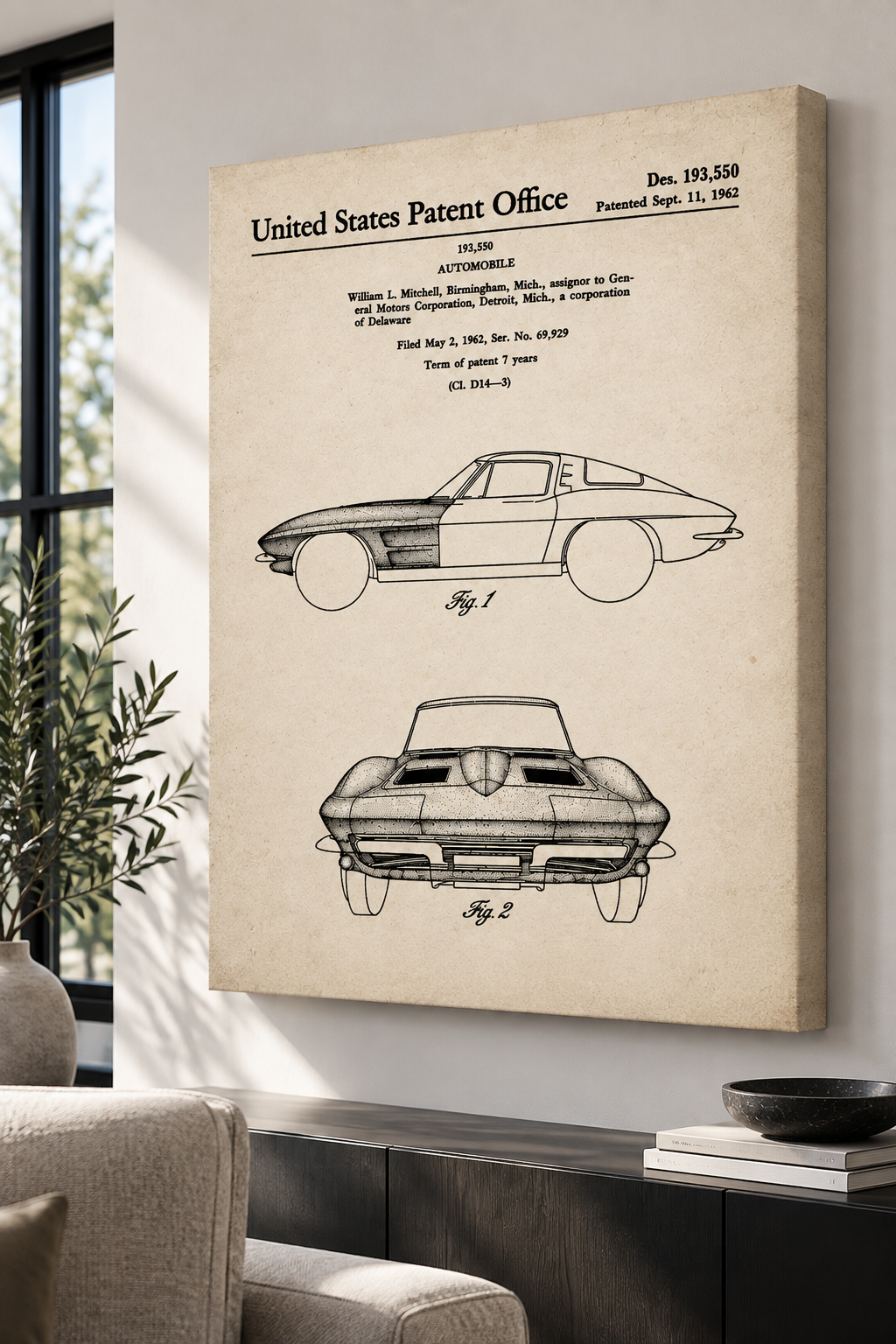 1962 Corvette Sting Ray Patent Canvas Wall Art Gallery-wrapped canvas featuring 1962 Corvette Sting Ray design patent drawings displayed in a minimalist modern living room