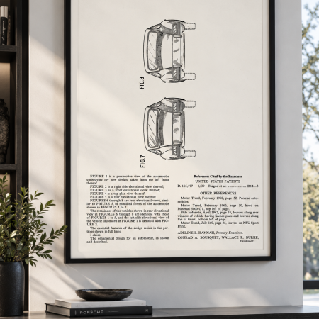 Framed 1964 Porsche 911 automobile design patent sheet three displayed as classic car wall art in a modern interior
