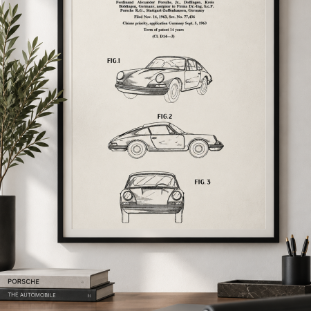 Framed 1964 Porsche 911 automobile patent artwork displayed in a modern office