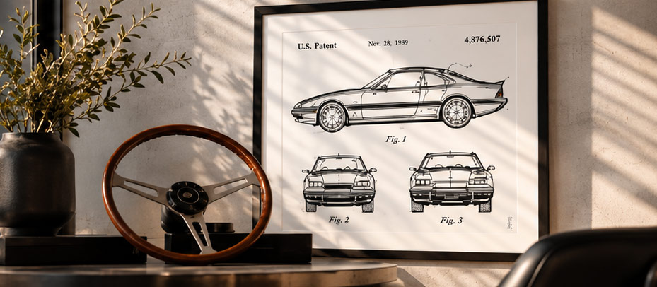 Automotive patent art featuring a DeLorean technical drawing