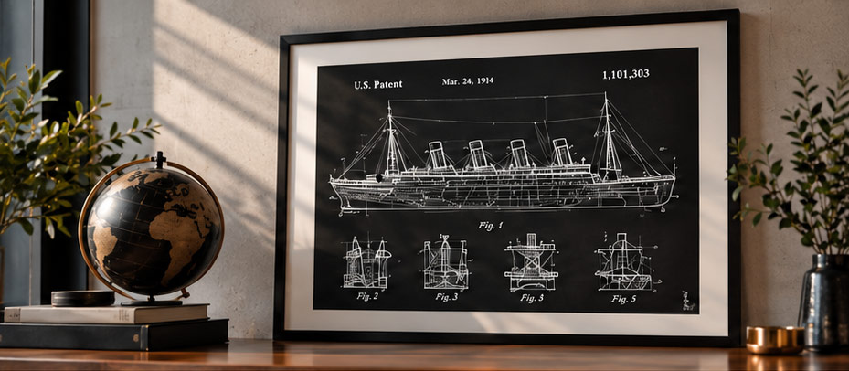 Blueprint wall art featuring a framed ship technical drawing