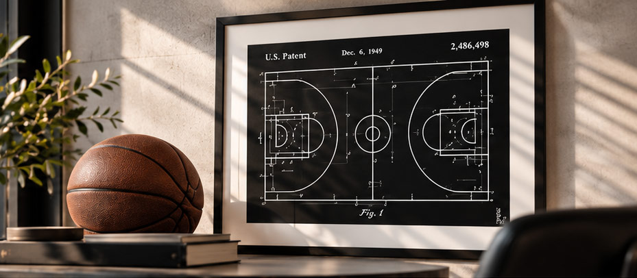 Sports diagram wall art featuring a framed basketball court drawing