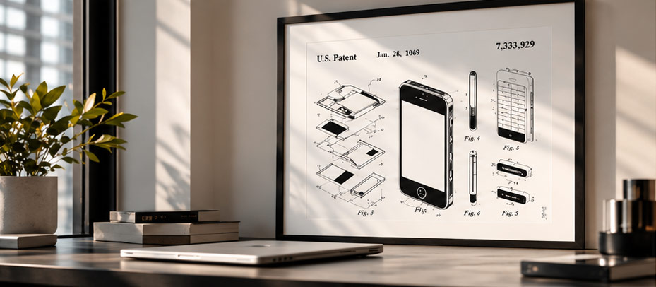 Technology patent art featuring a framed smartphone technical drawing