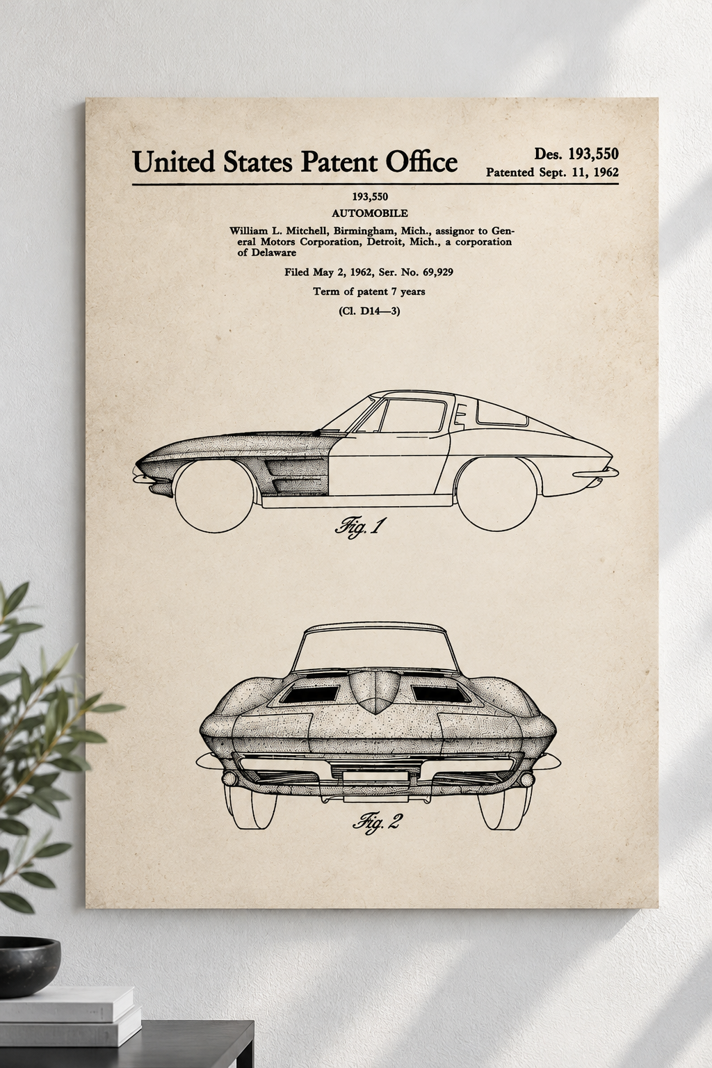Vintage Corvette Sting Ray Technical Drawing Poster Unframed vintage Corvette Sting Ray patent poster featuring William L Mitchell's 1962 sports car side and front design illustrations