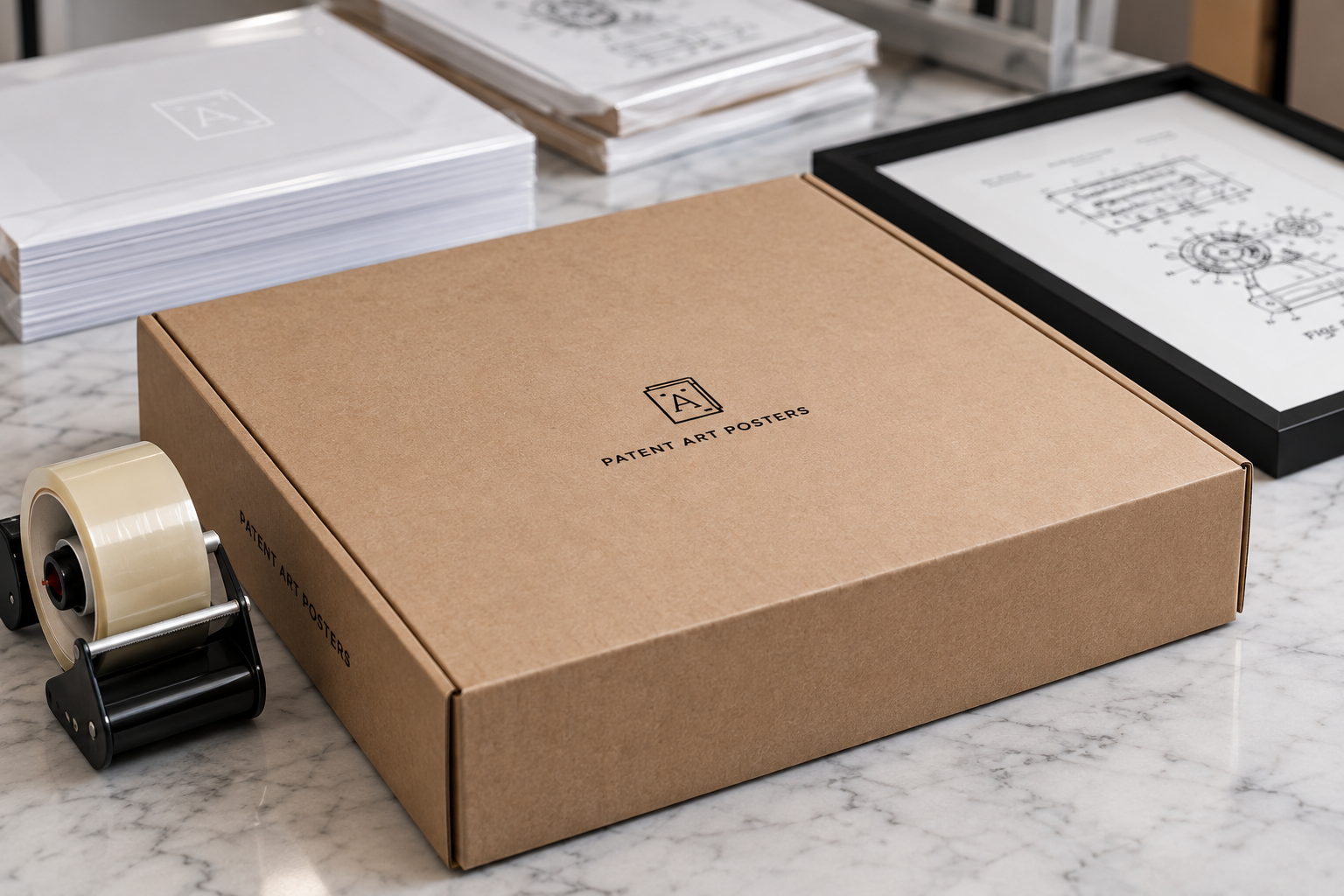Patent Art Posters branded cardboard packaging box with framed patent artwork