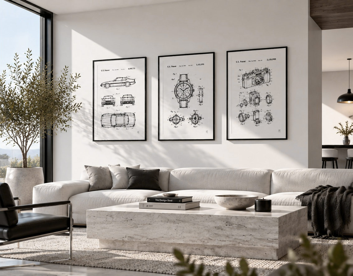 Modern living room with three framed patent art prints above a white sofa